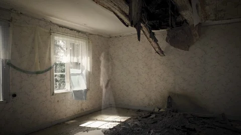 Ghost looking through Window in Abandoned House Stock Footage 111202835