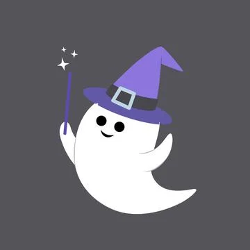 Ghost with magic wand and hat. Halloween. Cartoon, flat, vector Stock Illustration