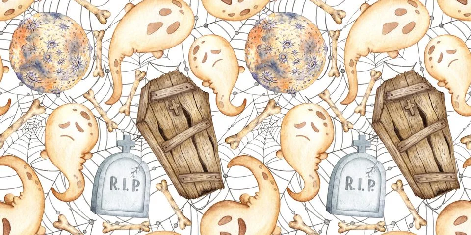Ghost moon coffin bones and web pattern watercolor Stock Illustration