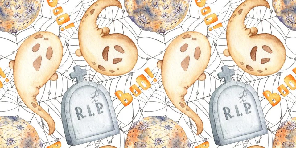 Ghost moon tombstone web pattern watercolor 库存插图