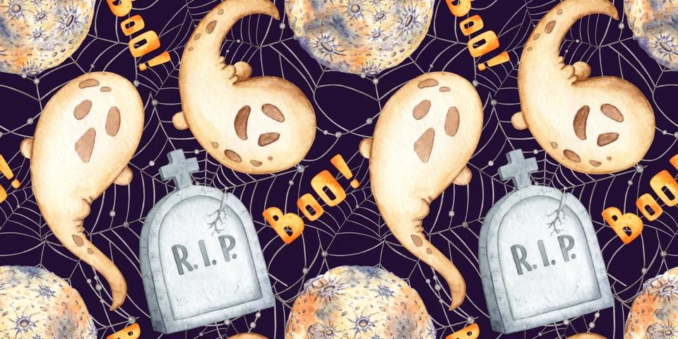 Ghost moon tombstone web pattern on blue watercolor Stock Illustration
