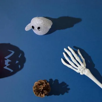 Ghost, pine cone and hand skeleton with shadows, with a shadow of halloween p Foto stock