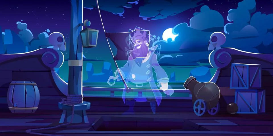 Ghost of pirate on ship deck at night Stock Illustration