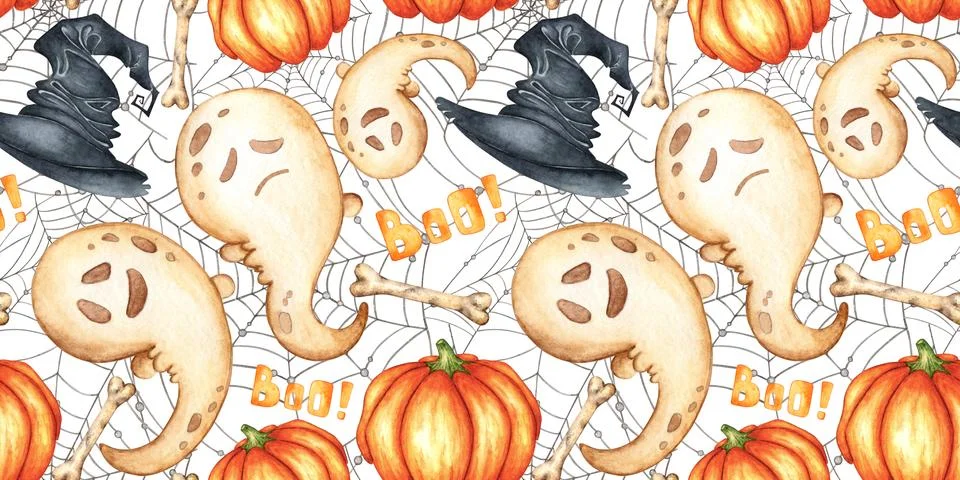 Ghost pumpkin hat and spider web pattern watercolor Illustrazione stock