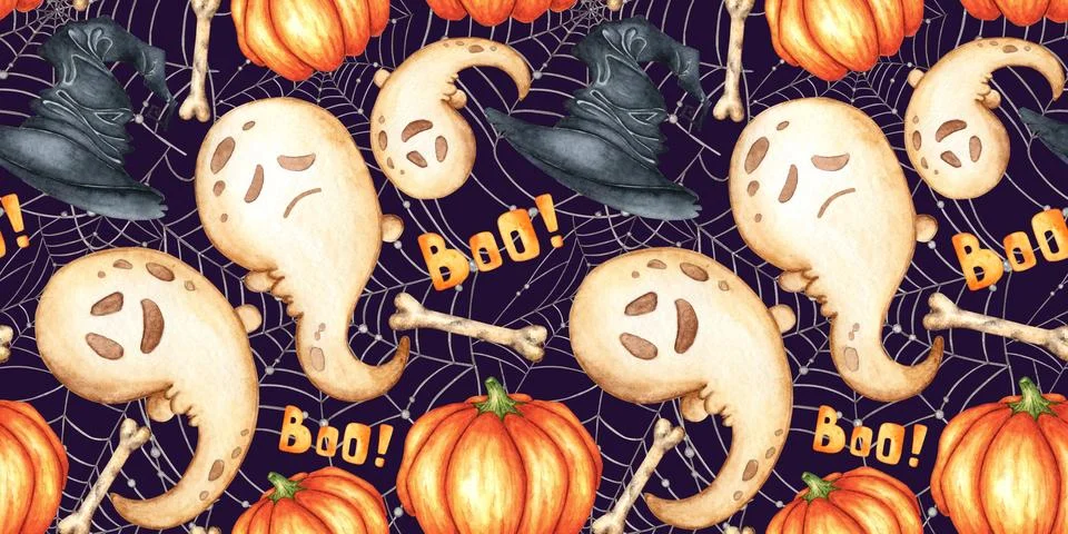 Ghost pumpkin hat spider web pattern on blue watercolor Illustrazione stock