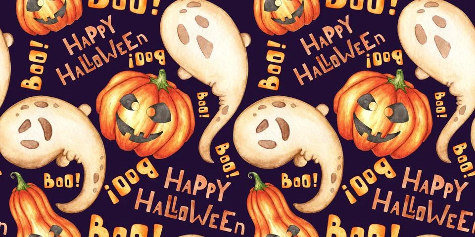Ghost pumpkin text on blue pattern watercolor Stock Illustration