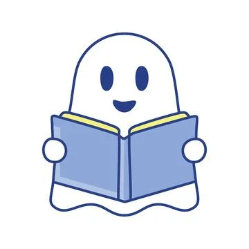 Ghost reading book. Cute ghost character reading a book, symbolizing the jo.. Stock Illustration