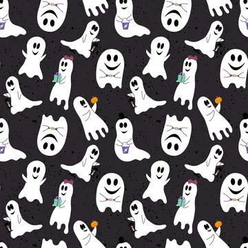 Ghost seamless pattern. Funny ghosts for Halloween with candies, pumpkins and Stock Illustration