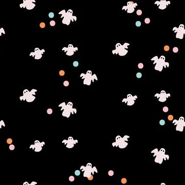 Ghost seamless vector pattern. Halloween texture on black background with con Stock Illustration