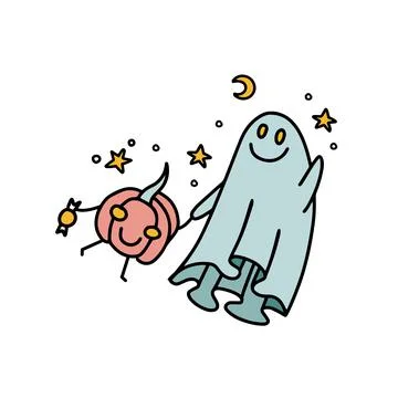 The ghost in the sheet flies holding a cute pumpkin by the hand. Halloween Illustrazione stock