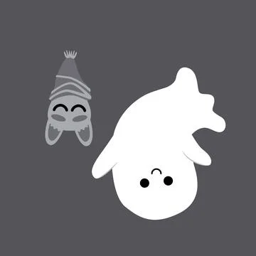 Ghost with sleeping bat. Cartoon, flat, vector Stock Illustration