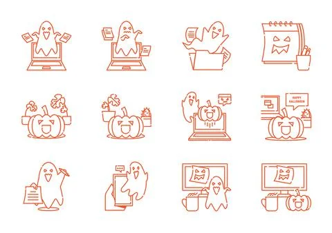 Ghost spooky in office workspace line icon set Stock Illustration