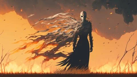 A ghost is standing in a field of flames, illustration painting 스톡 일러스트