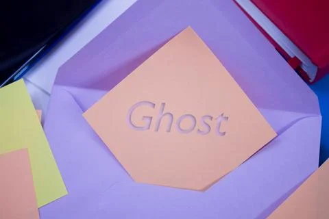 Ghost. Text on adhesive note paper. Event, celebration reminder message. 스톡 사진