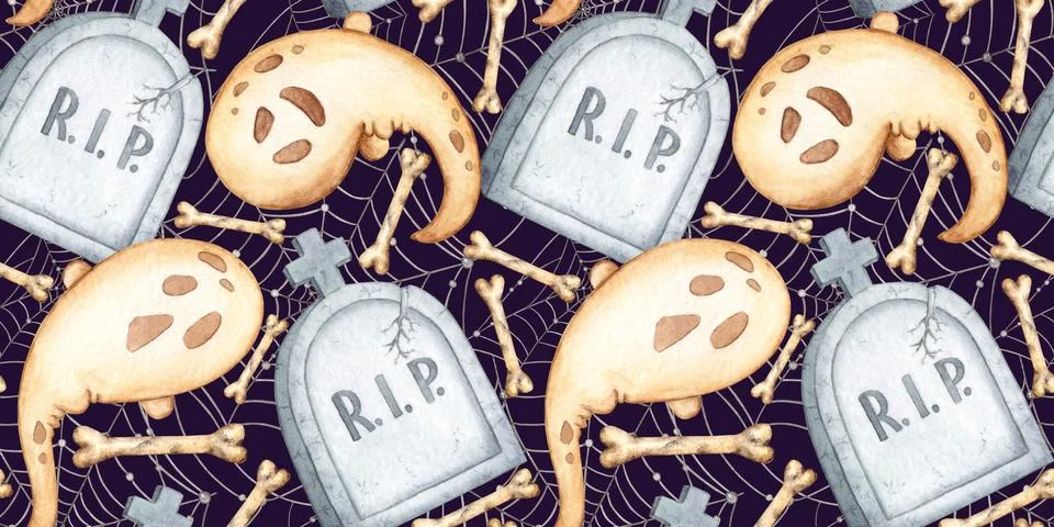 Ghost tombstone bones pattern on blue watercolor Stock Illustration