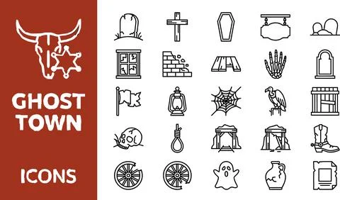 Ghost Town Icons Collection Vector Illustration Western Theme Elements. Stock Illustration