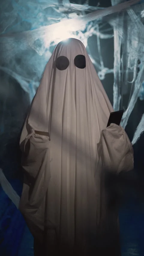 Ghost uses smartphone to online stores makes order from phone for Halloween and Stock Footage 313735946
