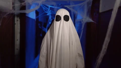Ghost wearing white sheet showing text 10 Percent Off Sale Stock Footage 314111488
