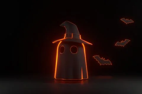Ghost wearing witch hat and bats with orange neon lights on black background Stock Illustration