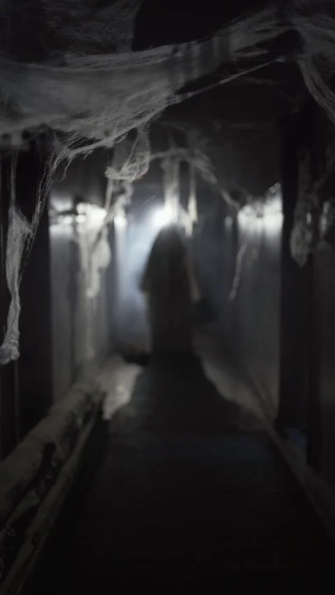Ghost in white sheet slowly walking through creepy corridor of abandoned Stock Footage 313174473
