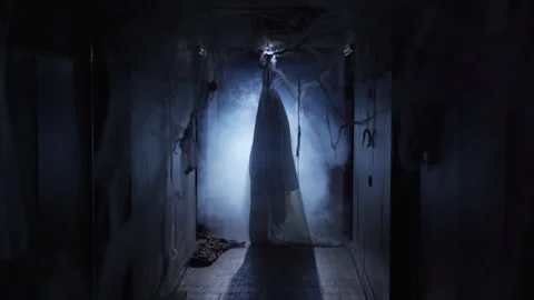 Ghost in white sheet walking to door in abandoned creepy corridor with ghosts Stock Footage 313671104