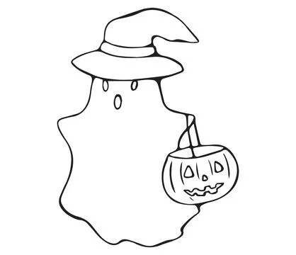 Ghost with Witch Hat and Pumpkin Basket Halloween Doodle Stock Illustration