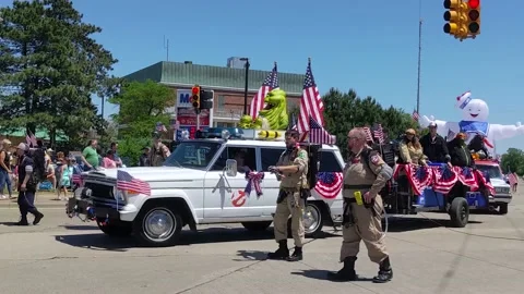 Ghostbuster Float During Festive American Memorial Day Parade 4th of July Stock Footage 155204461