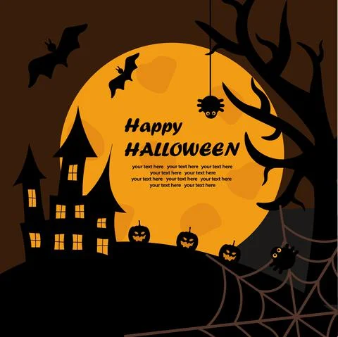 A ghostly castle on the background of a full moon in trees with cobwebs, spiders Stock Illustration