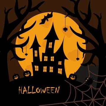A ghostly castle set against a full moon, surrounded by trees, pumpkins, spiders Stock Illustration