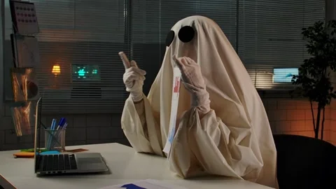 Ghostly Figure Presenting Charts in Office Setting Stock Footage 313326248