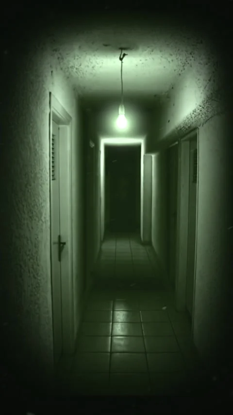Ghostly Hallway Illuminated By Dangling Light, Haunted Corridor Featuring 스톡 동영상 324858279