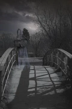 Ghostly Monk on bridge Foto stock