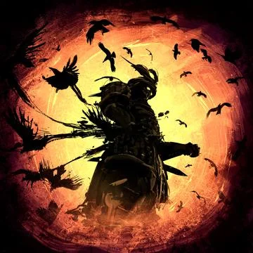 A ghostly samurai stands in a whirlwind of crows against a yellow sky Иллюстрация