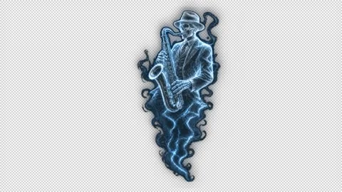 Ghostly Skeleton Jazz Saxophonist Playing – Left-Facing Alpha Overlay Vídeo Stock 344181879