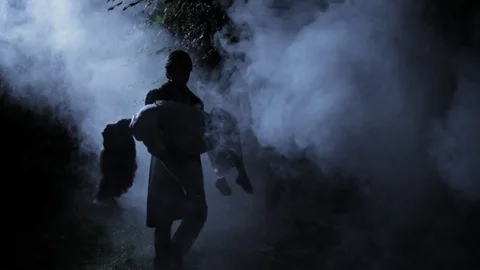 Ghostly Vampire carries a sleeping woman through foggy mist Stock Footage