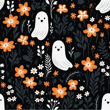 Ghostly Vector Pattern: Black Background with Ghosts, Plants, and Flowers Stock Illustration