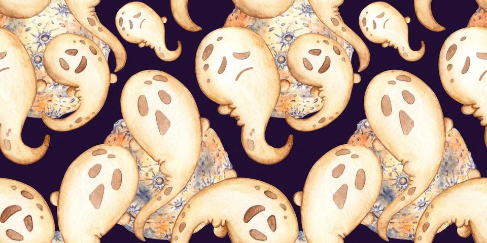 Ghosts and moon pattern on blue background watercolor 스톡 일러스트