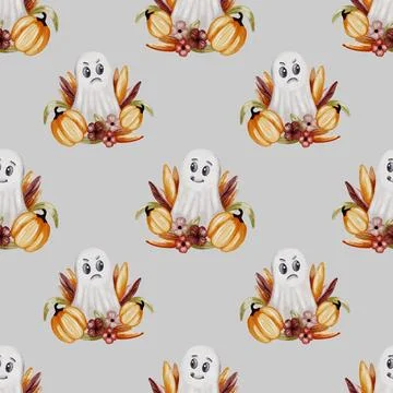 Ghosts and pumpkins create a whimsical Halloween fabric pattern for festive.. Stock Illustration