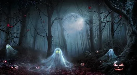 Ghosts And Pumpkins In Dark Forest At Moonlight - Phantom Floating In The Night Stock Photos