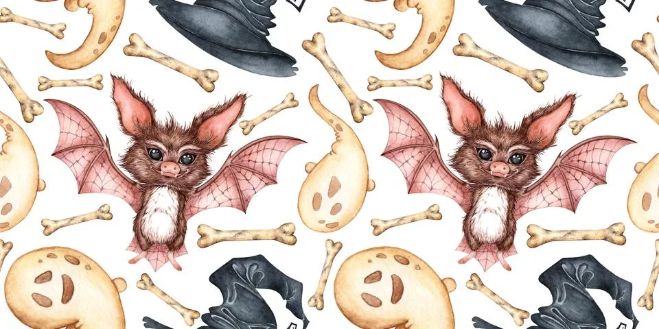 Ghosts Bat Witch Hat Pattern Watercolor Stock Illustration