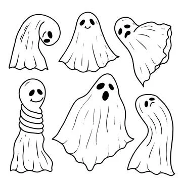 Ghosts collection. Halloween character. Vector Hand Drawn. Line art. Sketch I Stock Illustration