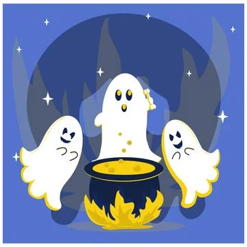 With ghosts conjuring over a witchs cauldron with boiling potion on fire Stock Illustration