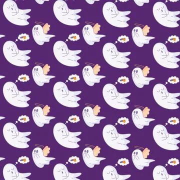 Ghosts dreaming of candy and angels in Halloween pattern, Vector Illustrazione stock