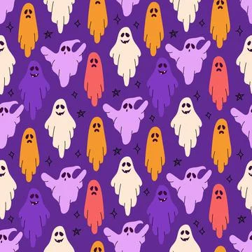 Ghosts for Halloween. Vector seamless pattern on a purple background. Stock Illustration