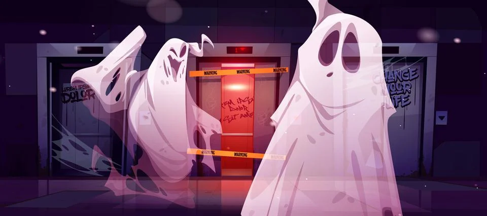 Ghosts in hallway with broken elevator at night Stock Illustration
