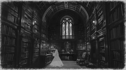 Ghosts in the Library, Black and White, Perfect Loop, Spooky Dark Ambient Scene Stock Footage 304861088