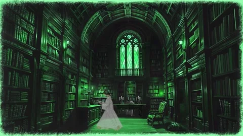 Ghosts in the Library, Perfect Loop, Classic Spooky Green Dark Ambient Scene Stock Footage 304861268