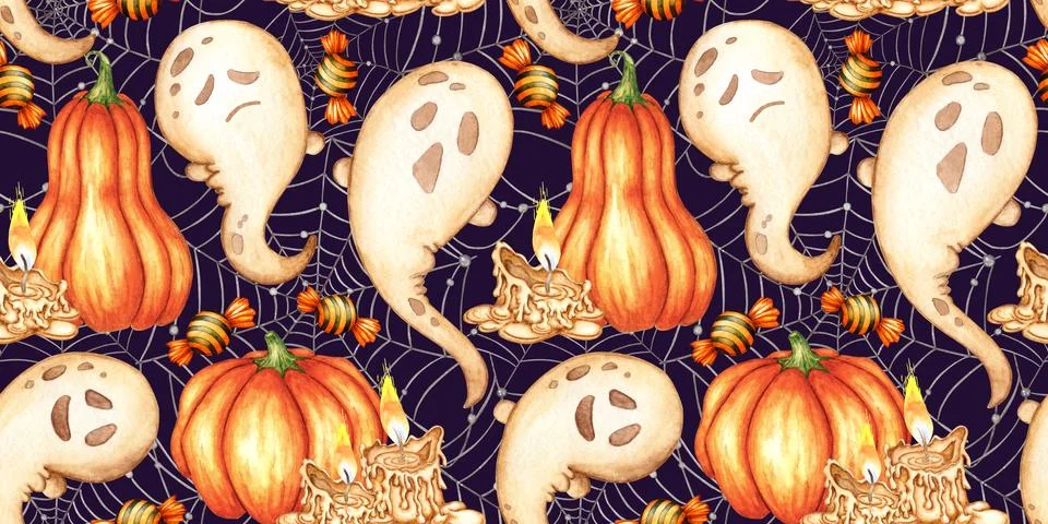 Ghosts pumpkin candles pattern on blue watercolor イラスト素材