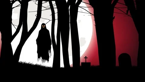 Ghosts roam the forest and under the full moon; Halloween night Stock Footage 317764148