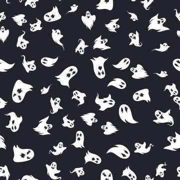 Ghosts seamless pattern. Halloween abstract spooky spirits with faces on dark Illustrazione stock